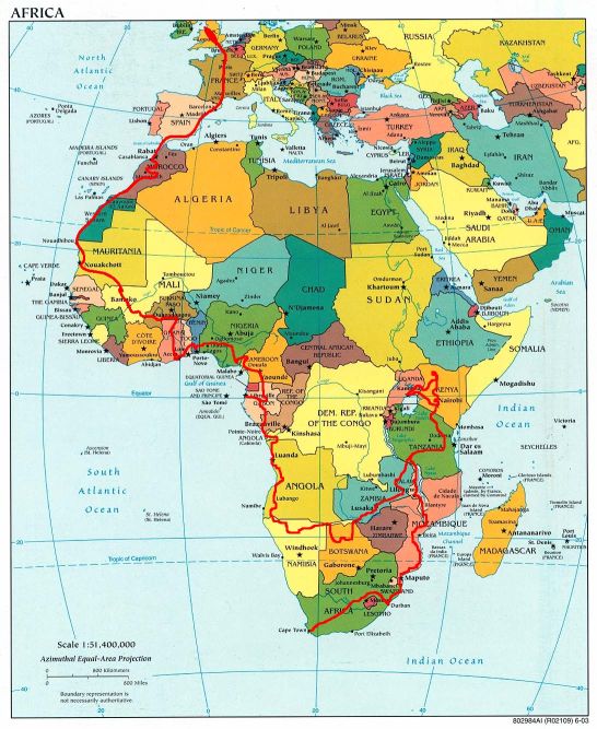 Africa Map highlighting our route South